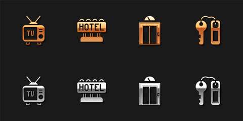 Set Retro tv, Signboard with text Hotel, Lift and door lock key icon. Vector