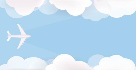 Fototapeta na wymiar Banner of an airplane flying over the sky, vacation, holiday tour, concept for air ticket sales and travel agencies. With an empty space on a blue background. In the paper style