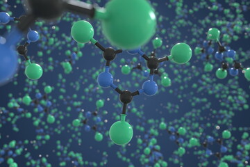Molecule of cyanuric chloride, ball-and-stick molecular model. Scientific 3d rendering