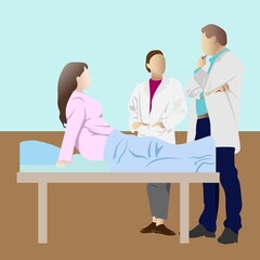 Doctors examine the lying patient. Vector illustration.