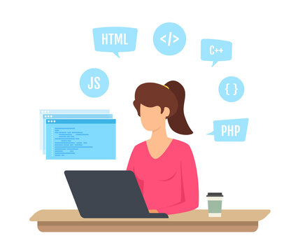 Programming and software, website and application development. Young girl programmer sitting at desk. Vector illustration.