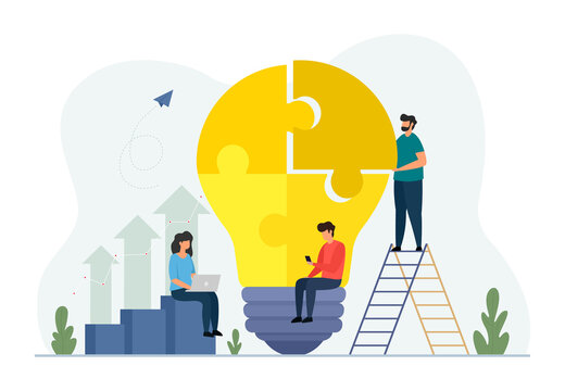 Teamwork concept with building lightbulb puzzle. Team metaphor. Business people teamwork. Flat vector illustration isolated on white background.