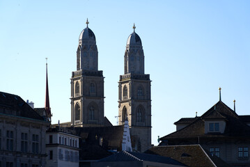Obraz premium Protestant church Grossmünster (German, translation is great minster) at the old town of Zurich. Photo taken April 23rd, 2021, Zurich, Switzerland.