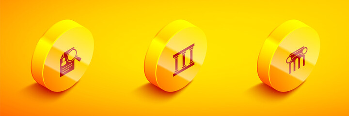 Set Isometric Paper analysis magnifying, Prison window and Law pillar icon. Vector
