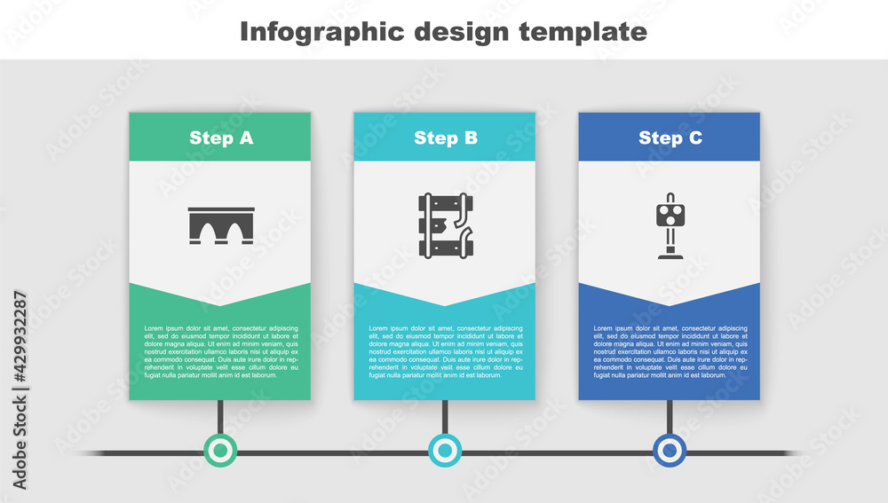Poster set bridge for train, broken rails on railway and train traffic light. business infographic template