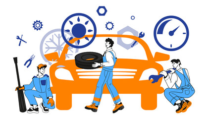 Car repair service banner with auto mechanics characters, cartoon vector illustration isolated on white. Tire or car service. Automobile maintenance and technical workshop.