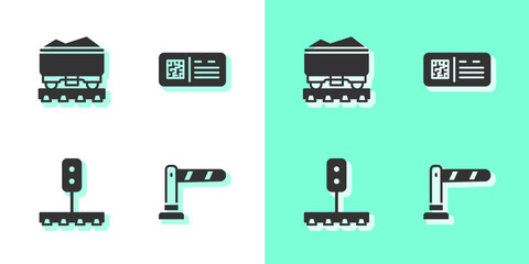 Set Railway barrier, Coal train wagon, Train traffic light and QR code ticket icon. Vector