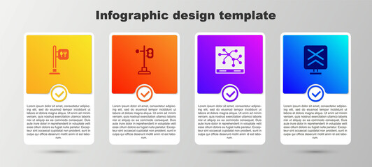 Set Cafe and restaurant location, Train traffic light, Railway map and Railroad crossing. Business infographic template. Vector