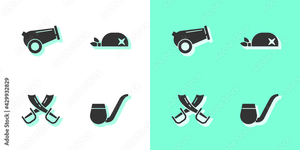 Canvas Prints Set Smoking pipe, Cannon, Crossed pirate swords and Pirate bandana for head icon. Vector