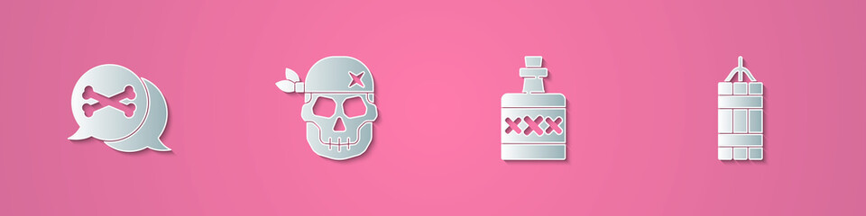 Set paper cut Location pirate, Skull, Alcohol drink Rum and Dynamite bomb icon. Paper art style. Vector