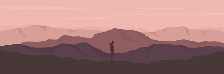 man standing alone in mountain flat design vector illustration for wallpaper, template, background design, and tourism banner