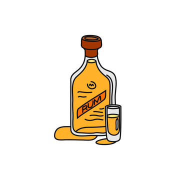 Rum bottle and glass superimposed outline icon on white background. Colored cartoon sketch graphic design. Doodle style. Hand drawn image. Party drinks concept. Freehand drawing style