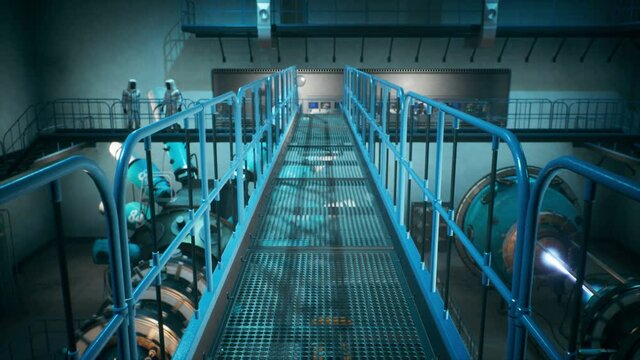 A Sci-Fi laboratory with a control room for a time machine or a thermonuclear reactor. The animation is for fantastic, the futuristic or scientific backgrounds. A physicist controls a time machine.