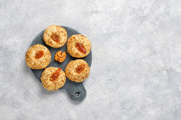 Delicious homemade walnut and jam cookies.