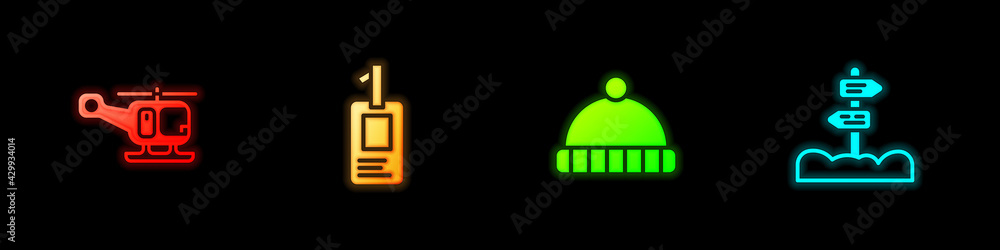 Sticker Set Rescue helicopter, Identification badge, Winter hat and Road traffic signpost icon. Vector