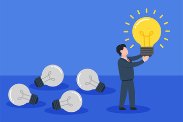 Businessman holding a glowing light bulb. Creative concept of searching business idea, solution, or inspiration. Simple trendy cute vector illustration. Modern abstract flat style graphic design.