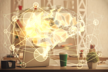 Double exposure of brain drawing and office interior background. Concept of data technology.