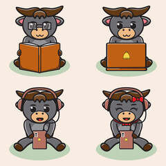 Vector illustration of cute Buffalo Hobby cartoon. Cute Buffalo expression character design bundle.