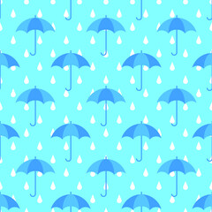 Umbrellas and raindrop on blue background seamless pattern. Vector illustration.
