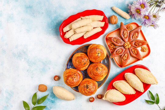 Traditional Azerbaijan holiday Novruz sweets,shekerbura,qogal,paxlava,mutaki.