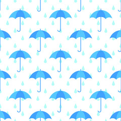 Fototapeta na wymiar Blue umbrellas and raindrops on white background seamless pattern. Vector illustration.