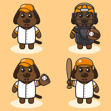 Vector illustration of cute Dog Baseball cartoon. Cute Dog expression character design bundle. Good for icon, logo, label, sticker, clipart.