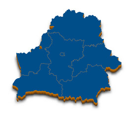 Belarus map vector. High detailed administrative 3D map of Belarus with dropped shadow. Vector blue isometric silhouette with administrative divisions. All isolated on white background