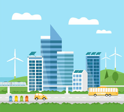 Green Eco friendly smart city landscape. Skyscrapers,solar panels, windmills, waste bins, electrocar, train, and electrobus.  Renewable energy, waste recycling. Ecological concept.Modern city. Vector