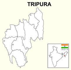 Tripura map. Highlight the Tripura map on the India map with a boundary line. Tripura district map white color.