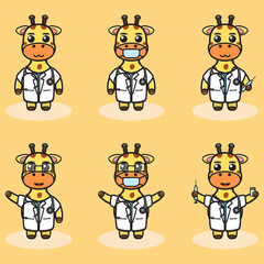 Naklejka premium Vector illustration of cute Giraffe Doctor cartoon. Cute Giraffe expression character design bundle.