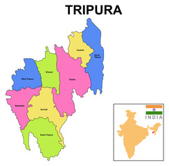 Tripura map. Showing State boundary and district boundary of Manipur map. Political map tripura