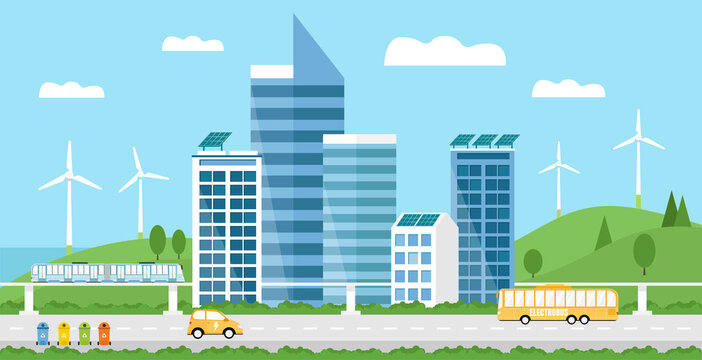 Green Eco friendly smart city landscape. Skyscrapers,solar panels, windmills, waste bins, electrocar, train, and electrobus.  Renewable energy, waste recycling. Ecological concept.Modern city. Vector
