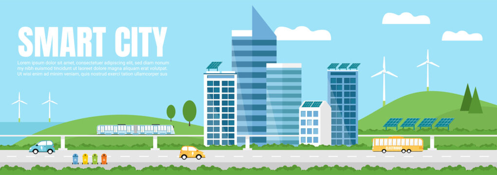
Green Eco friendly smart city landscape. Skyscrapers,solar panels, windmills, waste bins, electrocar, train, and electrobus.  Renewable energy, waste recycling. Web banner, template.