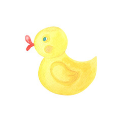Watercolor yellow toy duck for swimming. Watercolour illustration for a baby.