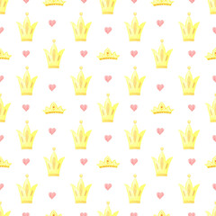 Plakat Watercolor gold crown, yellow stars on white background.Seamless pattern.