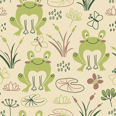 Cute vector seamless pattern with hand drawn frog, butterflies and swamp plants. Perfect for child textile and wrapping paper desing.