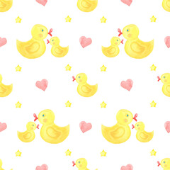 Watercolor yellow toy duck for swimming. Seamless pattern on white background.