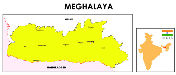 Meghalaya Map. Major cities in Meghalaya.