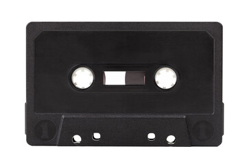 Old black empty blank simple retro audio cassette, object isolated on white background, cut out. Plain plastic vintage music tape cassette, old obsolete media, sound data carrier technology concept