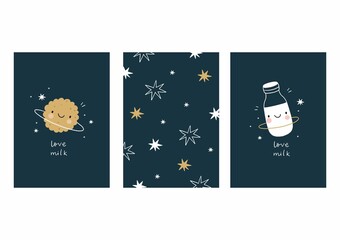 Cute cartoon milk and cookies in space. Sweet planet - planet cookie, planet milk and stars