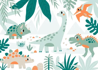 Foto op Plexiglas Leuke krabbeldino. Cartoon afbeelding dinosaurus voor kinderen. Vectorprint met schattige dino in vlakke stijl © webmuza