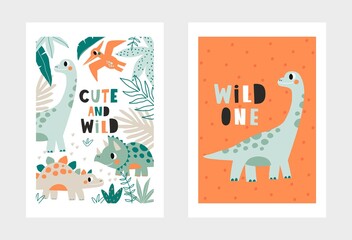 Cute doodle dino. Cartoon illustration dinosaur for children. Vector print with cute dino in flat style © NadezdaBarkova