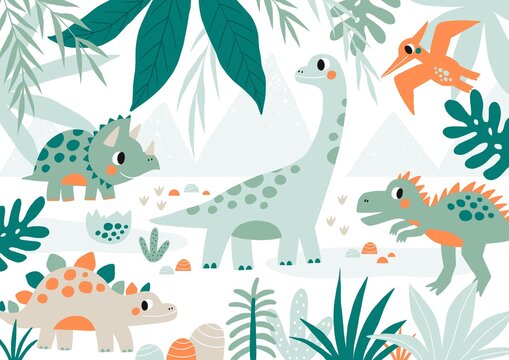 Cute doodle dino. Cartoon illustration dinosaur for children. Vector print with cute dino in flat style © webmuza