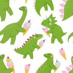 Naklejka premium Cute comic dinosaurs and ice cream. Cute cartoon dino for kids t-shirt prints. Green and pink - Vector seamless pattern illustration. Dino and ice cream car 