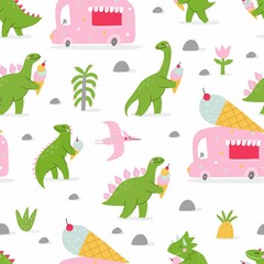 Cute comic dinosaurs and ice cream. Cute cartoon dino for kids t-shirt prints. Green and pink - Vector seamless pattern illustration. Dino and ice cream car
