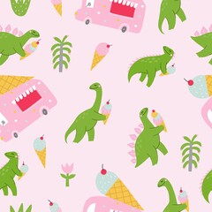 Obraz premium Cute comic dinosaurs and ice cream. Cute cartoon dino for kids t-shirt prints. Green and pink - Vector seamless pattern illustration. Dino and ice cream car 