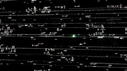 Process of artificial intelligence self education in mathematics and physics fields, monochrome. Animation. Chaotic movement of white formulas in black space, seamless loop. - Powered by Adobe