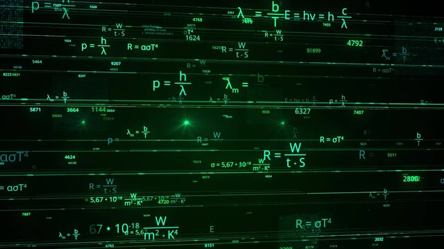 Glowing neon mathematics formulas flying chaotically on black background, seamless loop. Animation. Concept of exact science and education.