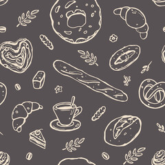 Seamless Vector Cute Outline Pattern on Chocolate Background. Bakery. Yummy Breakfast Print Design for Textile or Cafe Board.