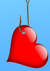 Obraz premium Coeur rouge accroché à un hameçon, fond bleu 